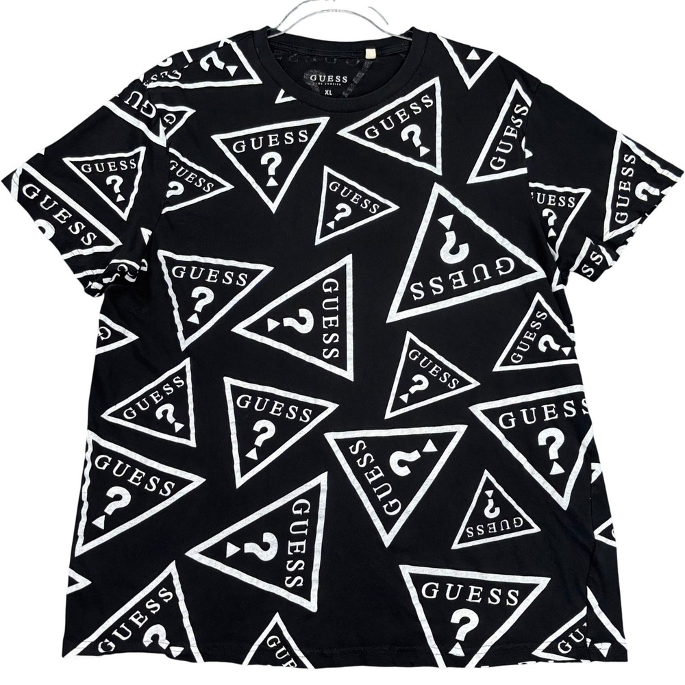 Guess Los Angeles Mens XL Black White All Over Triangle Logo Print T-Shirt